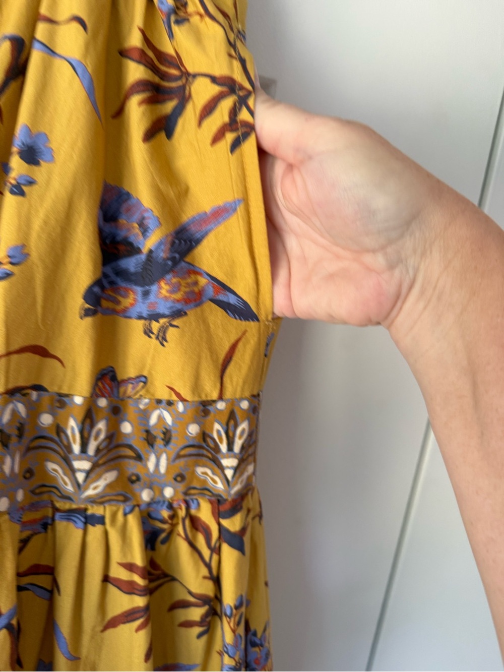 Sundance Parisian Menagerie Tiered Bird Print Midi Skirt in Mustard, Lined, XL - Picture 12 of 14
